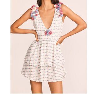 LoveShackFancy Shayna Velvet Floral Tiered V Neck Mini Dress Lilac Crema 8